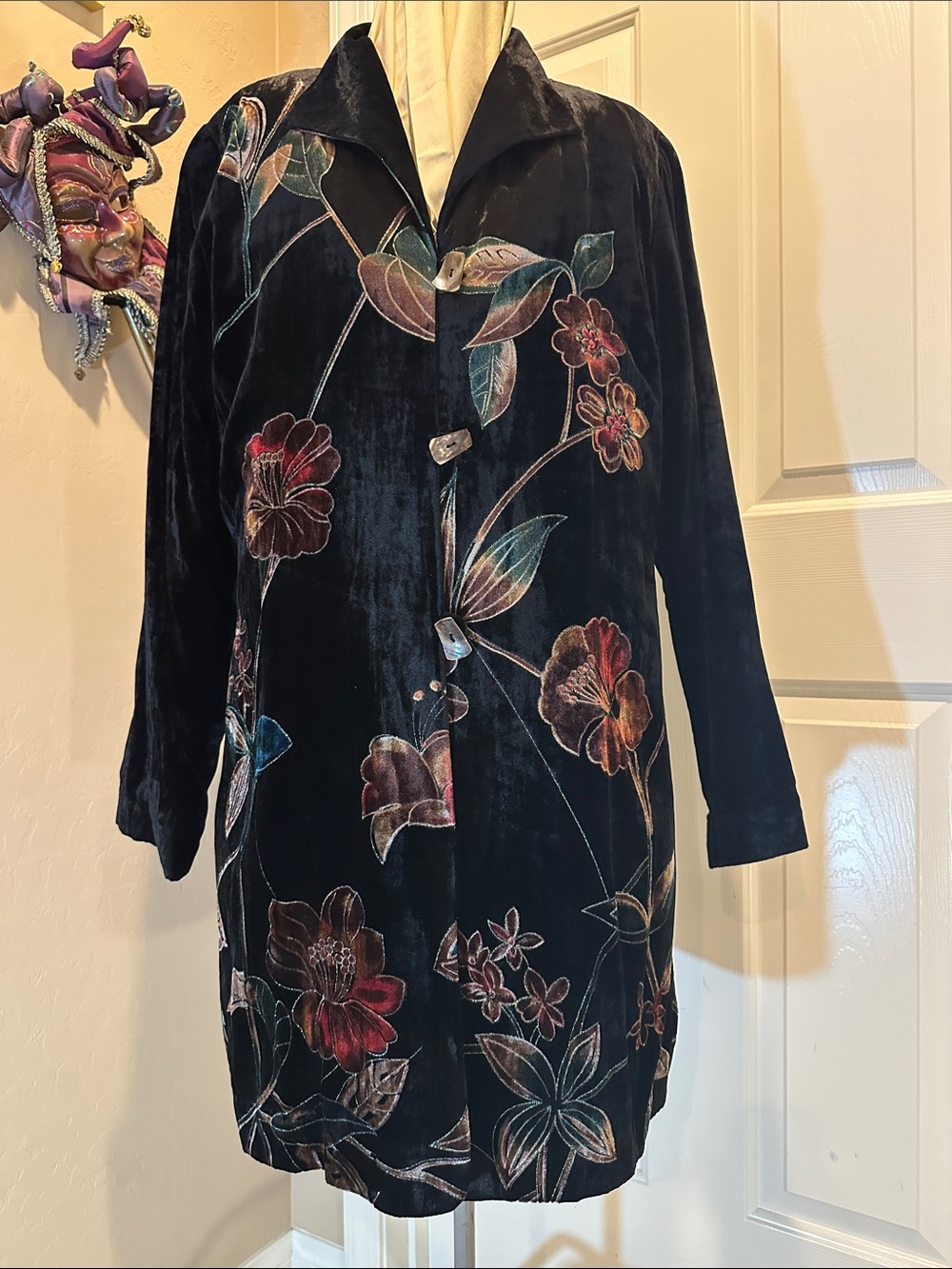 Coldwater Creek Black Velvet Trench Coat with Multicolor Floral and sparkle